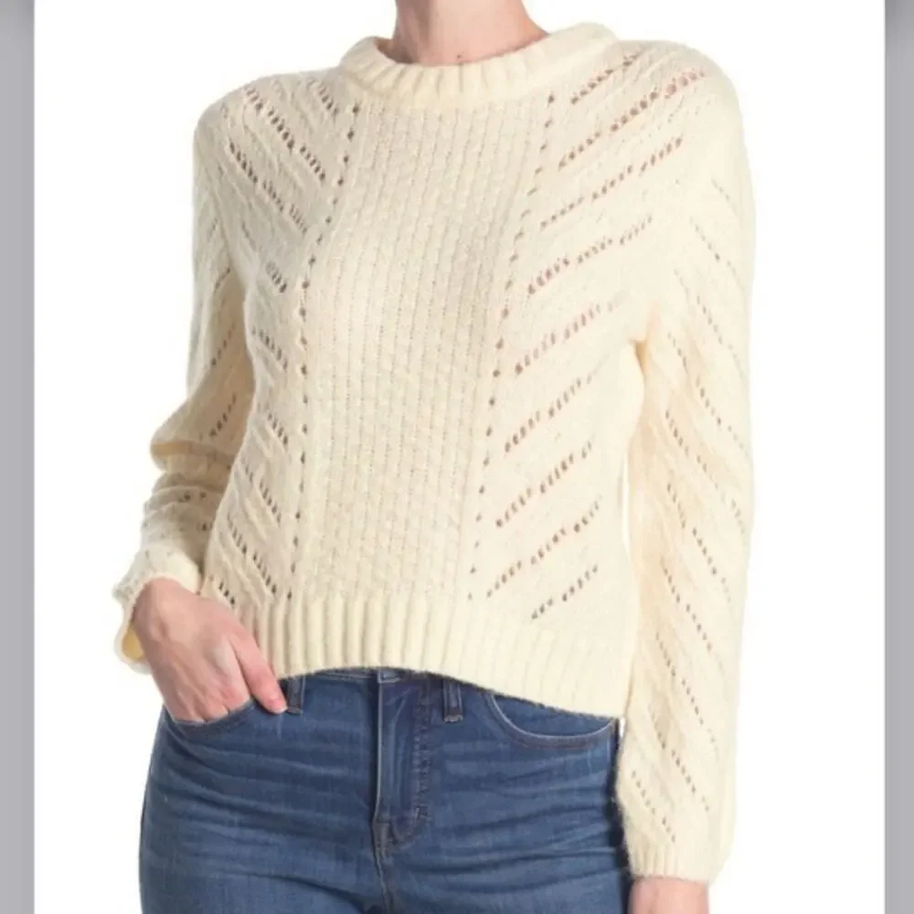 Elodie Pointelle Crewneck Knit Pullover Sweater In Ivory NEW Women's XL